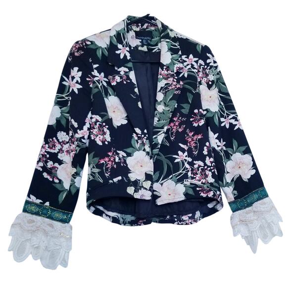 Cynthia Rowley Black Floral Botanical Blazer Jacket Lace @ Sleeve Ends Size S - Picture 1 of 7